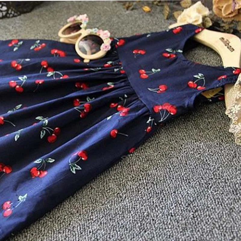 Девушки платье с вишневым рисунком сзади Платье хлястиками хлопок принцесса