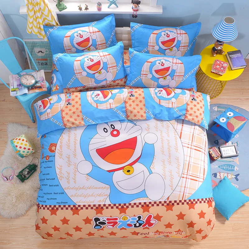 Милый мультфильм постельного белья красочные синий зеленый Doraemon рисунок Hello Kitty