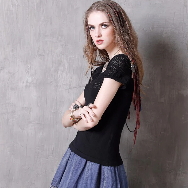 Лето 2017 г. Новый Винтаж Тонкий выдалбливают хлопок Вязание Для женщин футболка с