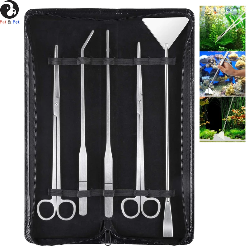 

Aquarium Tools Kit,5 in 1 Long Stainless Steel Tweezers Scissor Spatula Multi Functional Aquarium Tank for Cleaning & Fish Start