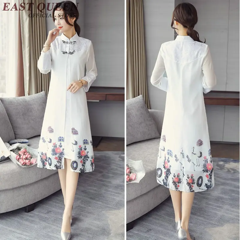Китайское платье qipao с разрезом спереди винтажное восточное длинным рукавом