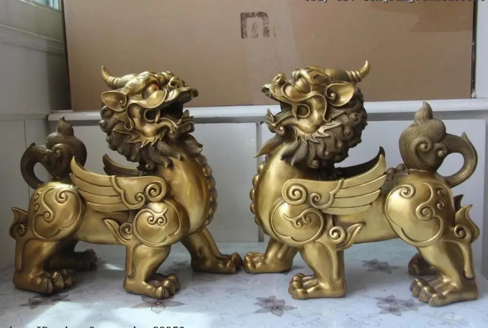 Китайский дворец Латунь Медь Pixiu Храбрые войска Собака Лев Статуя KIRIN пара | Дом и