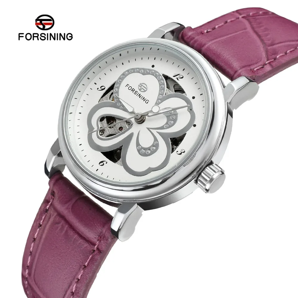 Forsining Women's Watch Skeleton Analog Transparent Crystal Leather StrapFashion Casual Brand Wristwatch Color White FSL8014M3 | Наручные