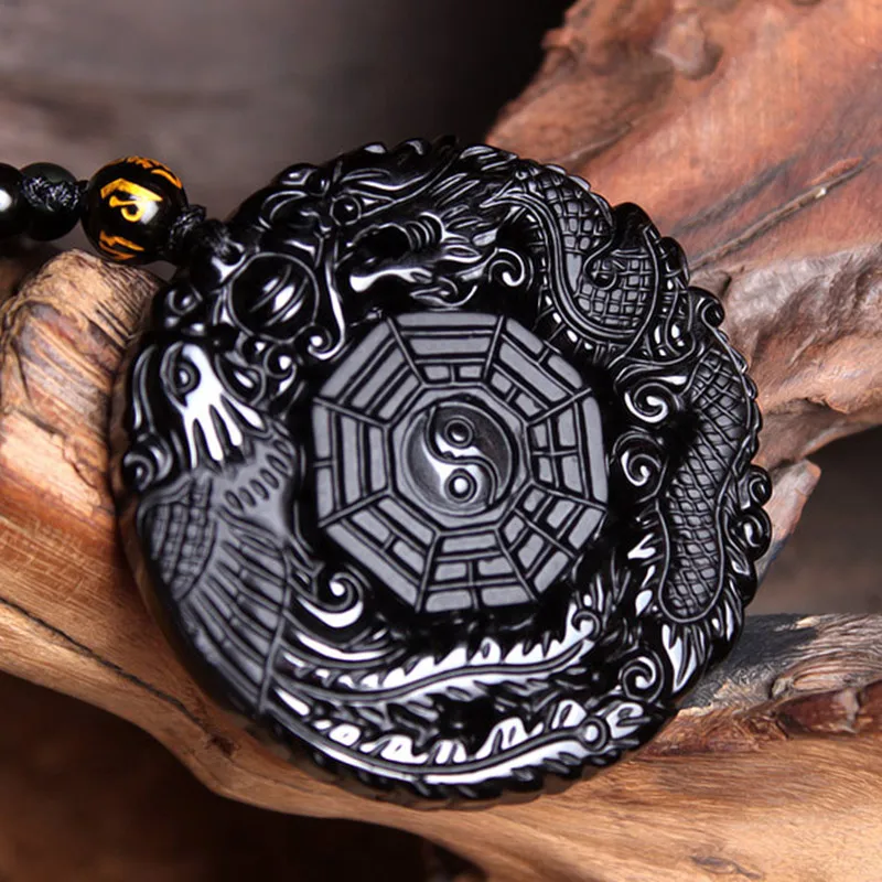 Натуральный черный обсидиан ручная работа китайский дракон Феникс Багуа амулет