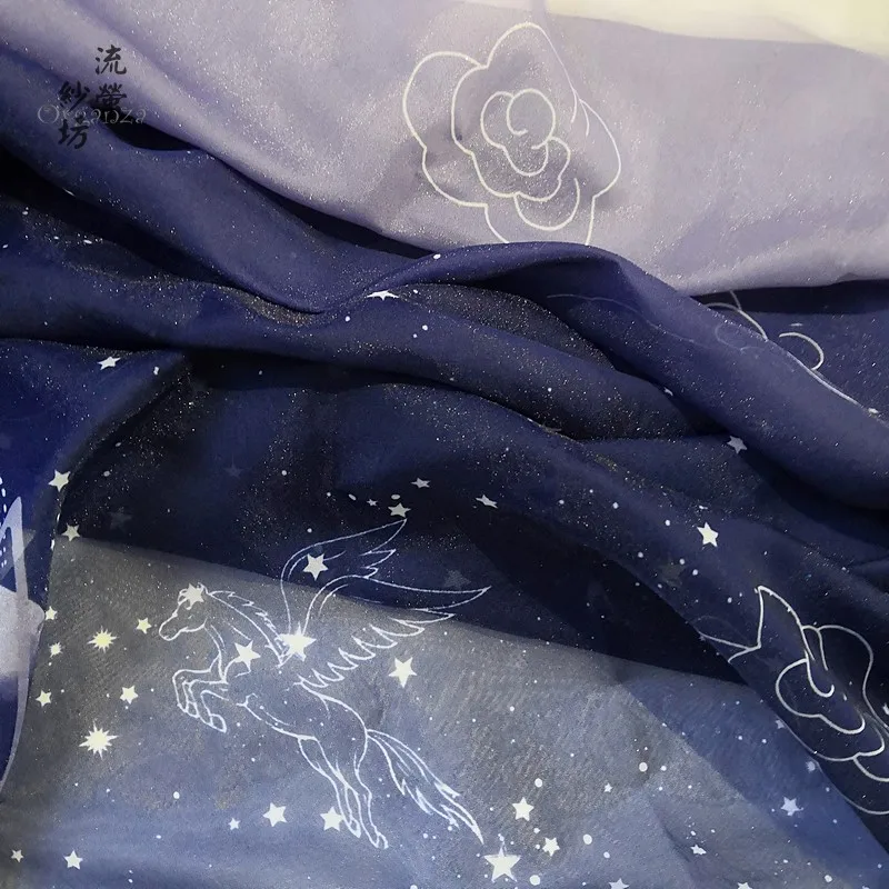 Раскрашивание голубое небо Звезда Лошадь китайский шелк шифон Печать Ткань