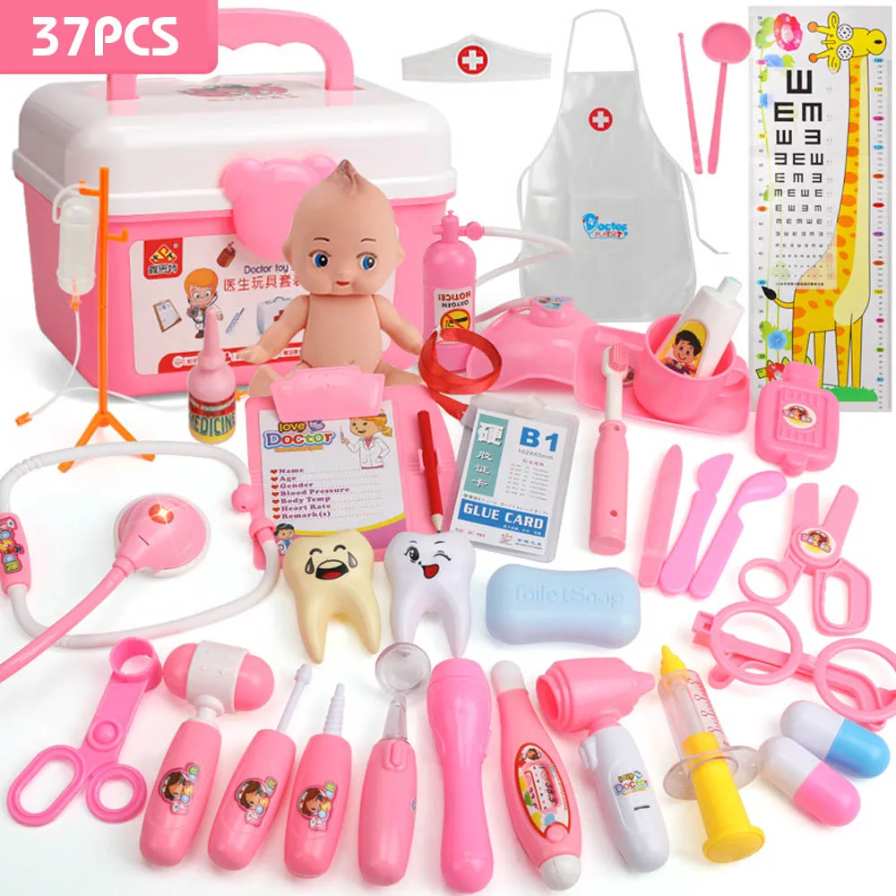 37pcs pink 21-39 шт Детские ролевые игры медицинские игрушка "Медсестра" комплект Портативный чемодан Моделирование Медицинский Набор для детей, обучающие игрушки для детей - Цвет: 37pcs pink
