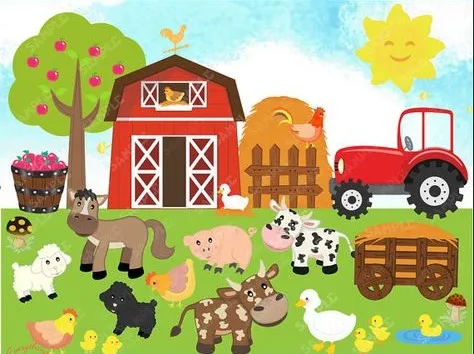 Farm Red Barn Sun Apple Tree Pig Cow Sheep Fence Sun truck backdrops   Computer print children kids background