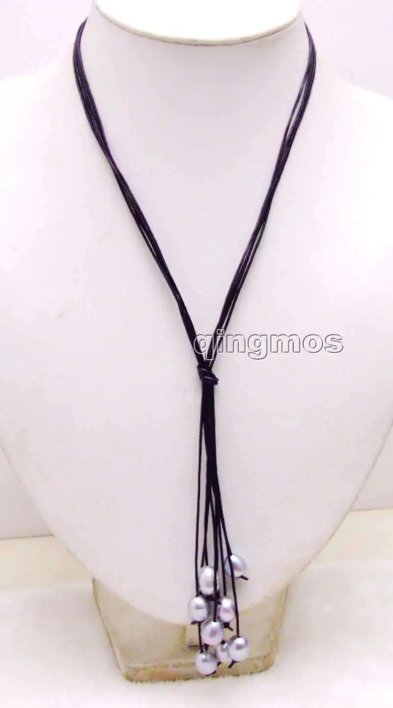 

Big 10-11mm Gray Rice Natural FW Pearl & Black Leather 4 strands 32" Long Necklace-nec6145 Wholesale/retail Free ship