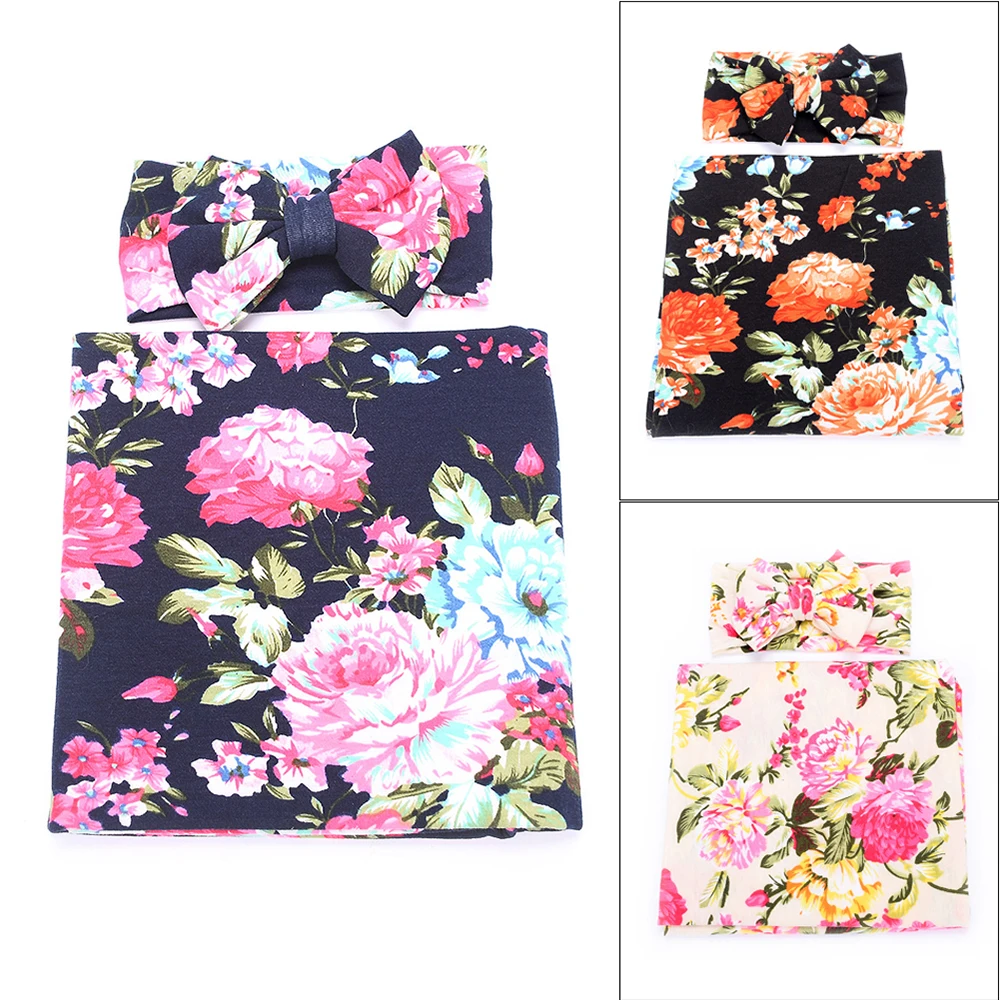 Пеленальное Одеяло для новорожденных мягкое с цветочным принтом и повязкой на