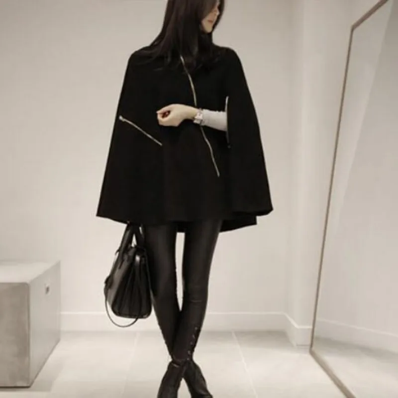 Женская шерстяная накидка с воротником стойкой свободного кроя|cape coat|wool blend coatcoat