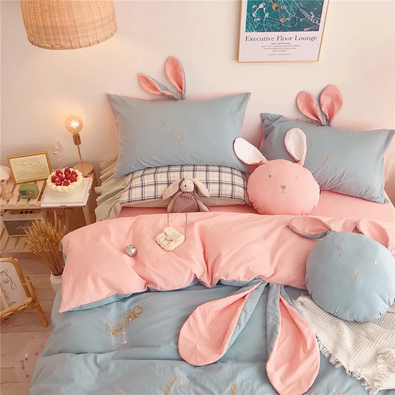 Милый кролик уши вышивка промытый хлопок набор постельных принадлежностей для девочек желтый серый пододеяльник простыня/льняная наволочка подарок для ребенка