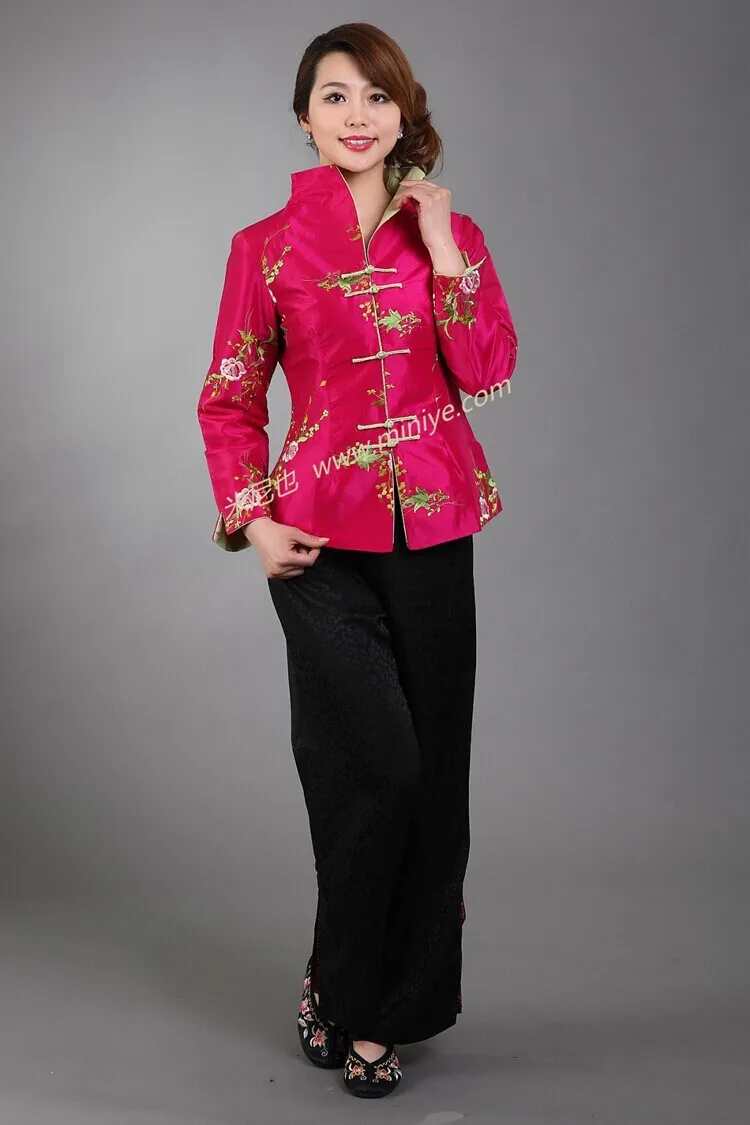 Ярко розовая традиционная китайская женская шелковая атласная куртка с вышивкой