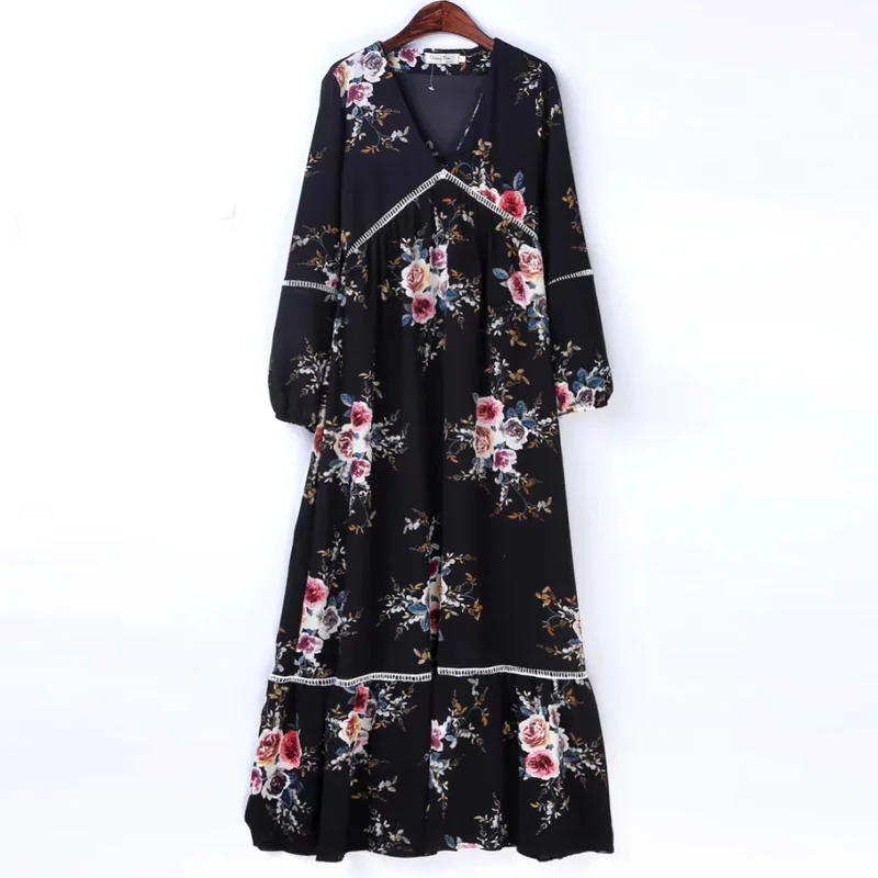 Черное шифоновое платье с цветочным принтом 2017 новое ТРАПЕЦИЕВИДНОЕ ПЛАТЬЕ Vinatge