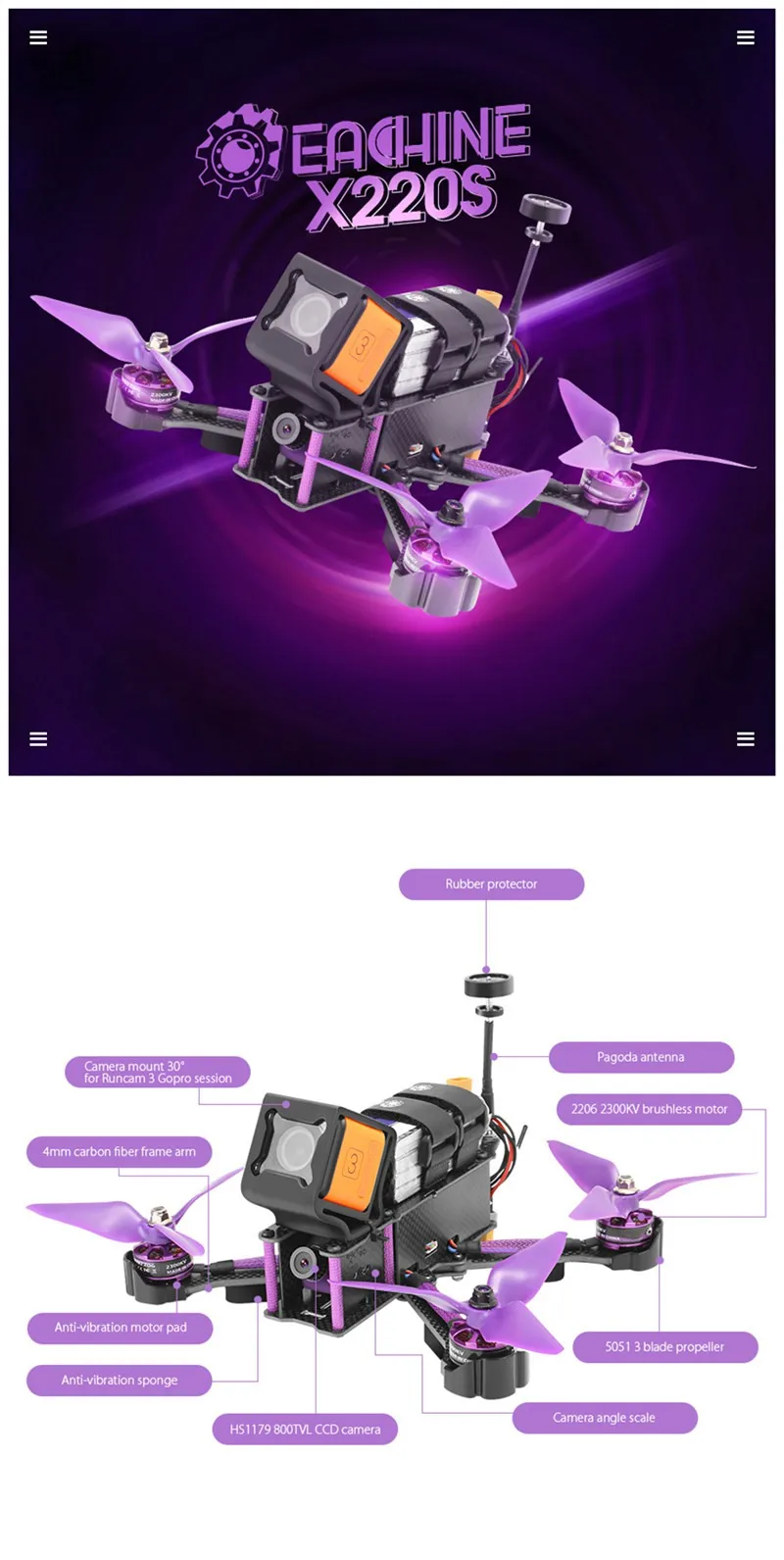 Eachine Wizard X220S X220 FPV Racer Drone F4 5,8G 72CH VTX 30A BLHeli_S 800TVL камера w/iRangeX iRX-i6X RTF VS X220