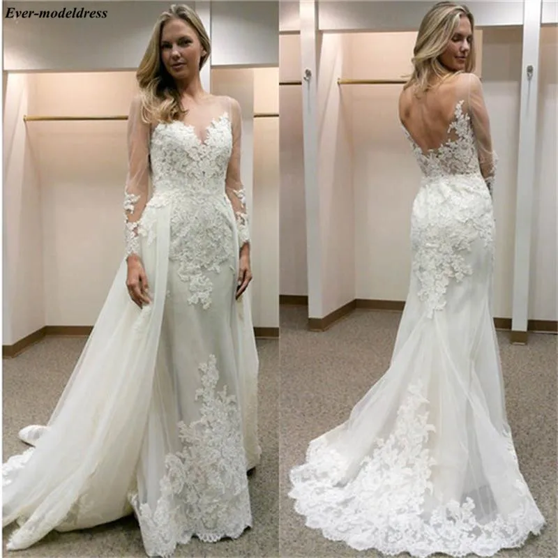 Романтичное кружевное свадебное платье с юбкой годе съемным шлейфом длинными