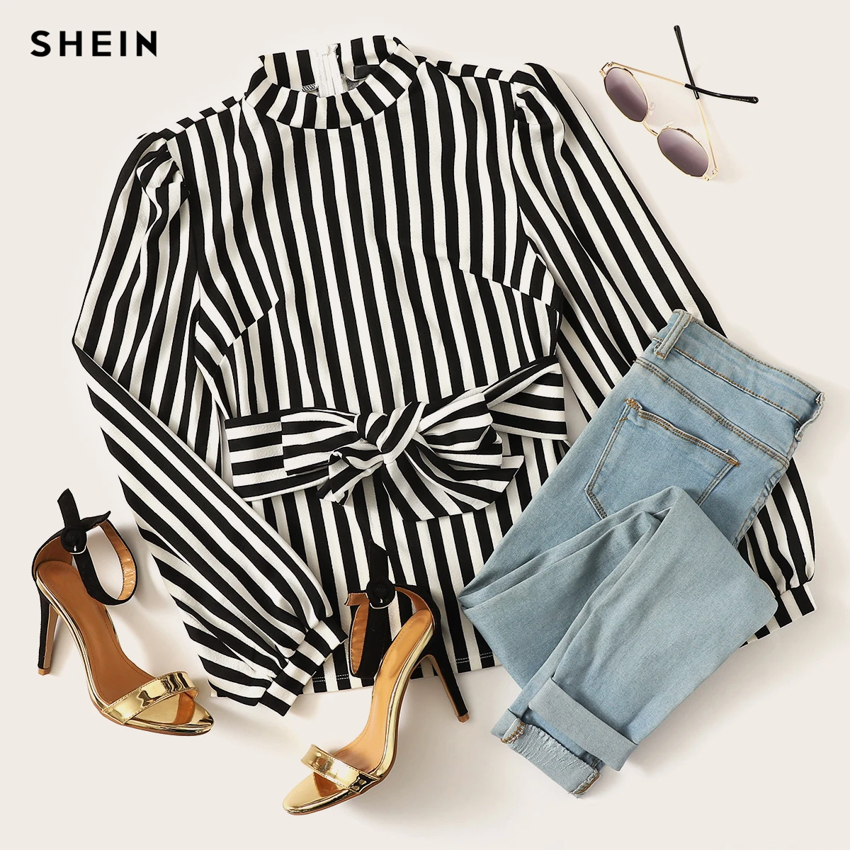 SHEIN элегантный черный и белый стоячий воротник галстук шеи полосатый топ Женская Осенняя однотонная рабочая одежда выходные повседневные минималистичные блузки