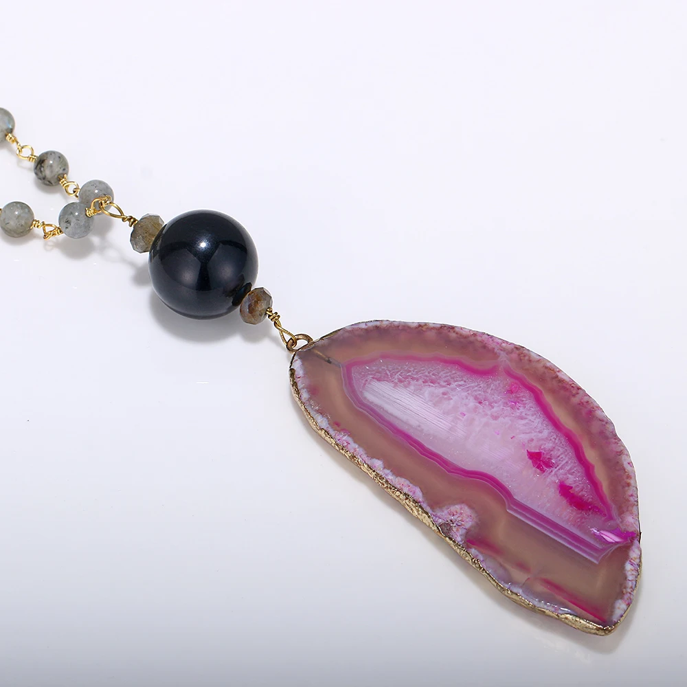 Богемное розовое ожерелье агаты из натурального Лабрадорита цепочка бисера