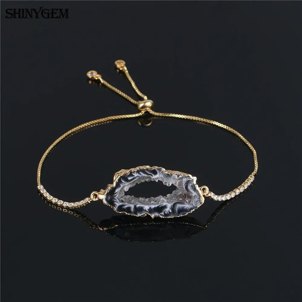 ShinyGem неровные Агаты браслет золото/серебро обернутый Агаты ломтик браслет ручной работы Регулируемый камень браслеты для женщин