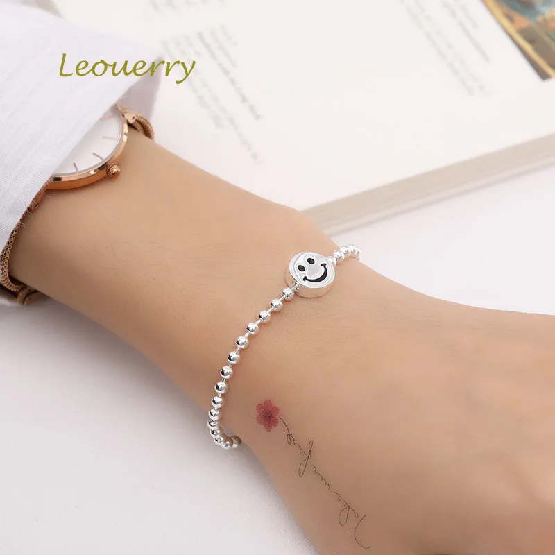 Leouerry 925 Sterling Silver Cartoon Smile Face Round Beads Chain Bracelet Charm Wrist Brcelet for Women Fine Jewelry | Украшения и
