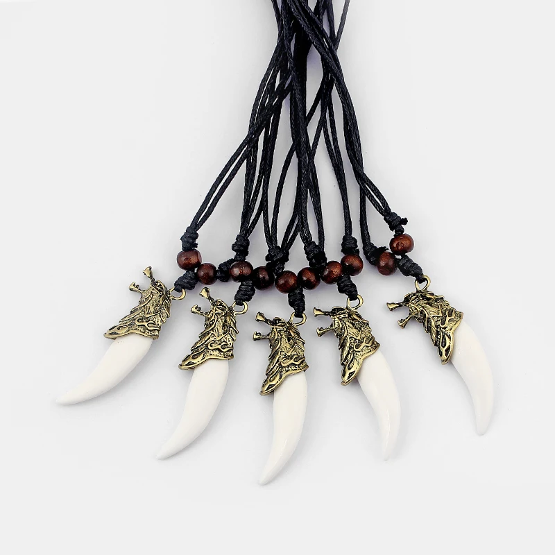 

Ethnic Wholesale Lot 12pcs Brave Man Imitation White Wolf Tooth Teeth Pendant Necklace For Men Fashion Jewelry Accessories Gifts