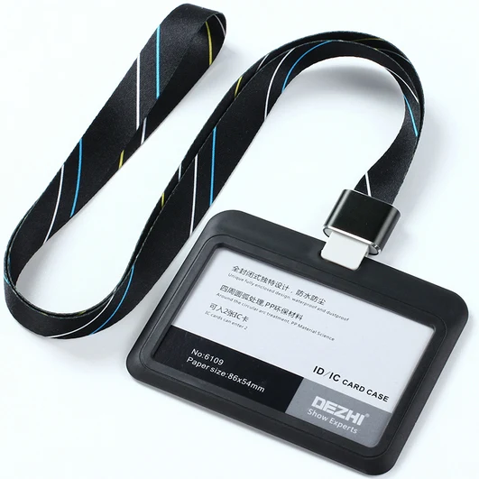 Экологичный пластиковый горизонтальный стиль ID IC карты держатель значка с полиэфирным шнурком, Пользовательский логотип держатель для карт, твердый/полоса - Цвет: black stripe set