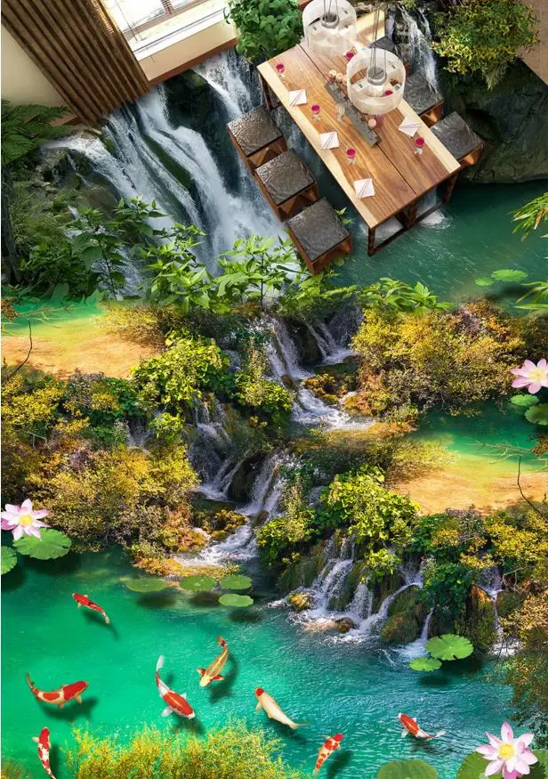 Настраиваемые настенные бумаги домашний декор 3d Пол лотос карп водопад