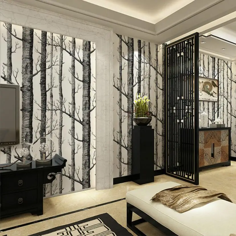 Абстрактные черно-белые березовые дерево обои 3d гостиная ТВ фон фрески нетканые