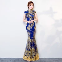 blue wedding party cheongsam oriental evening dress chinese traditional womens elegant qipao sexy lace long robe retro vestido