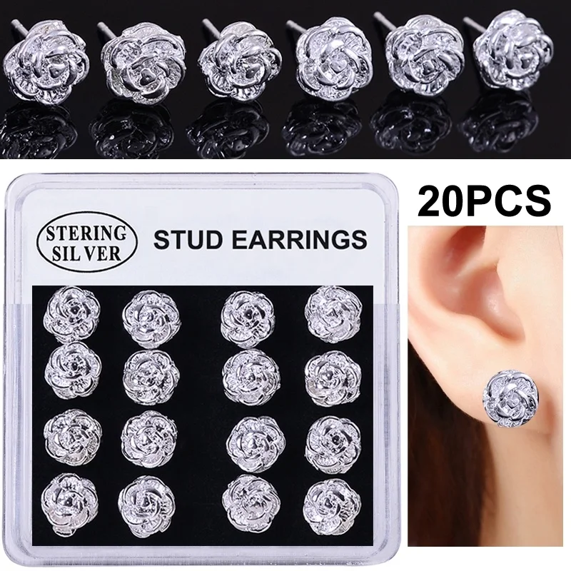 

20PCS 8mm Cute Rose Flower Stud Earrings for Women Womens Earrings In Jewelry
