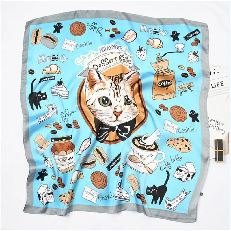 New 70x70cm Women Polyester Silk Scarf Cat Food Cute Printed Satin Small Square Wraps Scarves Shawl Headbands Ties handchiefs |
