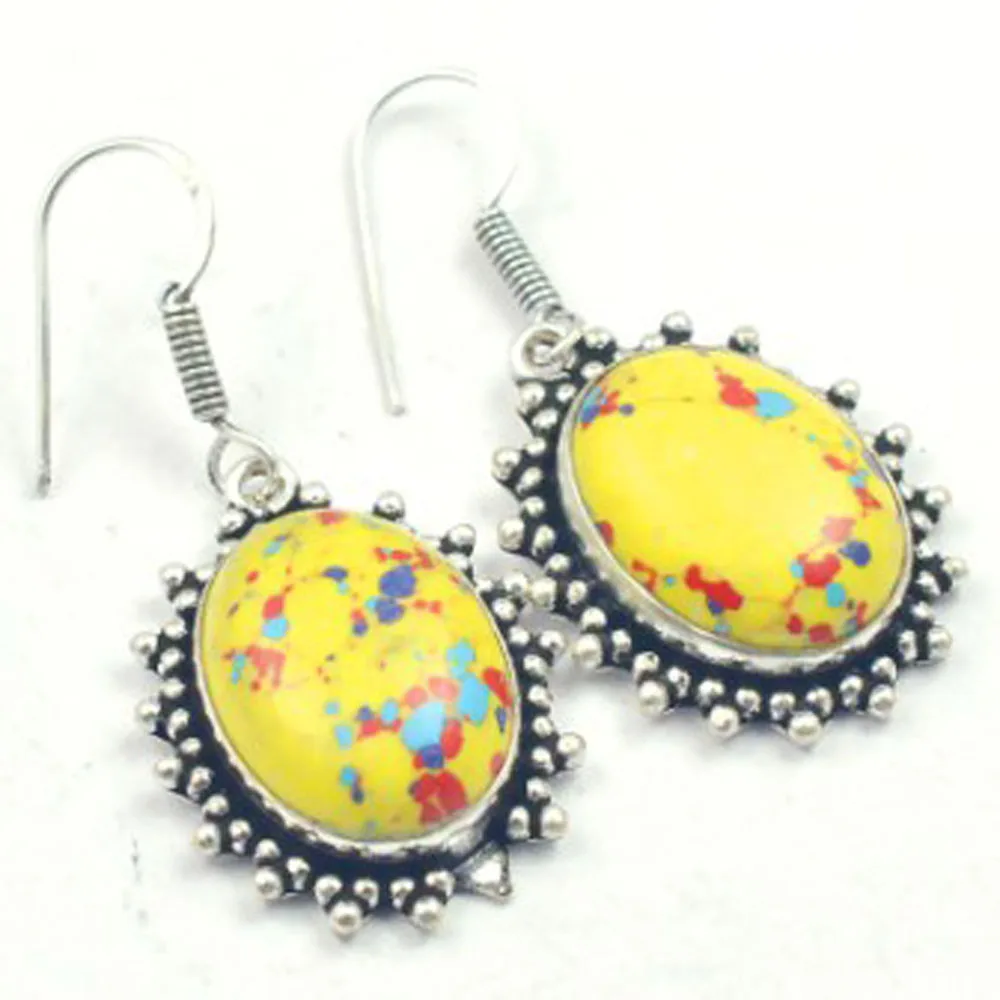 

Mosaic Jaspers Earrings Silver Overlay over Copper, USA Size 49mm , E3576