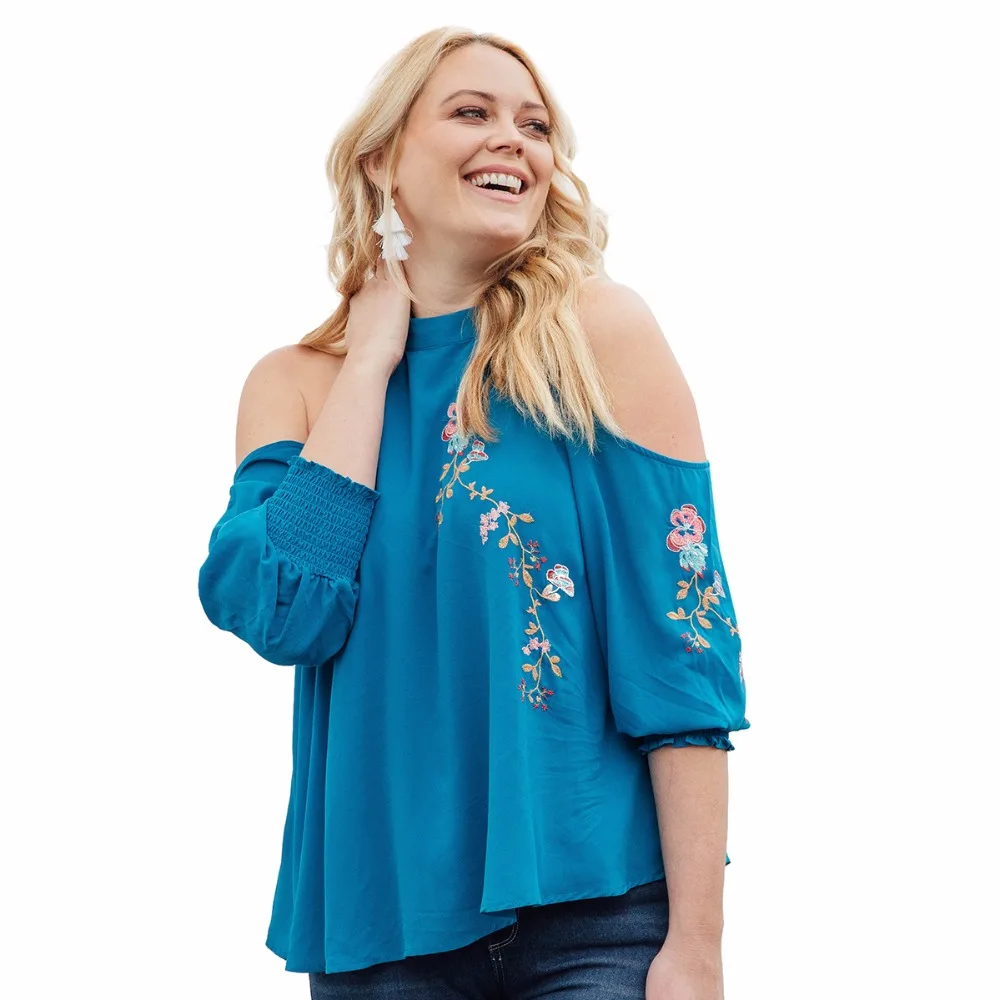 Chiffon Women Blouse Off Shoulder Half Sleeve Flower Embroidery Summer Shirts Casual Ladies Blusas Top TO0323 |