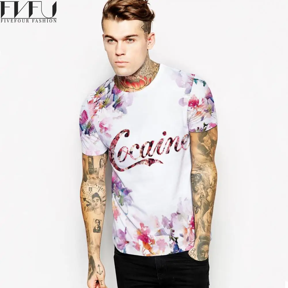 Мода 2017 г. футболка Для мужчин хлопковая белая с цветочным принтом летняя
