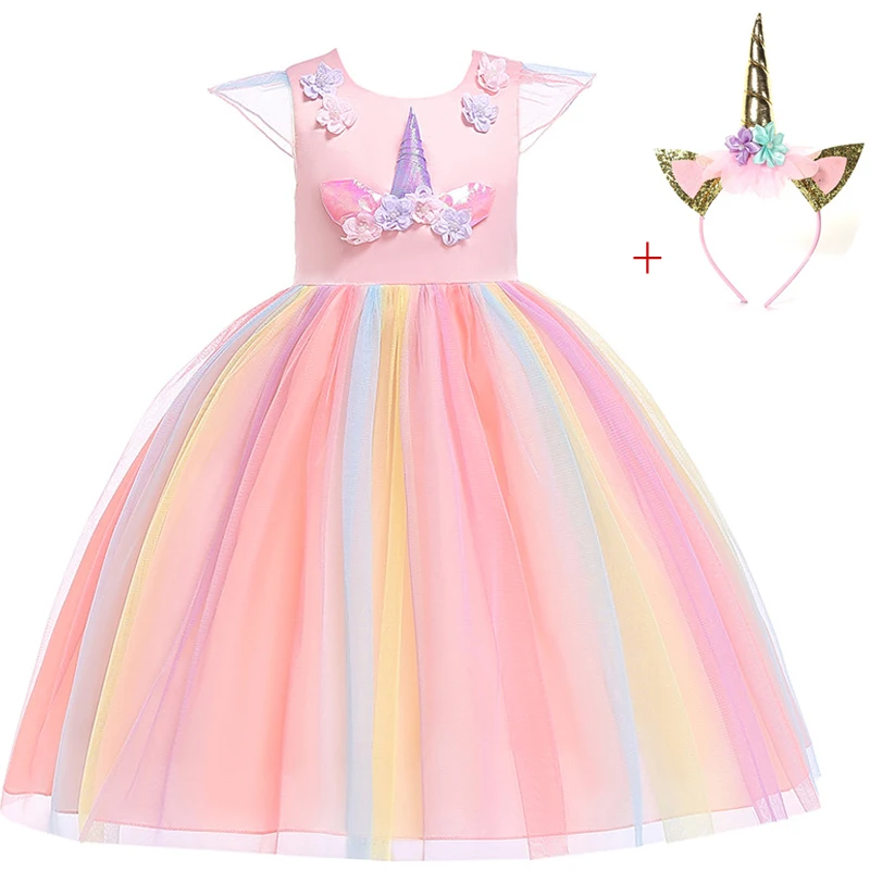 D0056pink Повязка на голову+ платье-пачка для девочек с единорогом детское праздничное платье принцессы радуги Карнавальный костюм для девочек на Рождество, Хэллоуин, пони 1-12 лет - Цвет: D0056pink