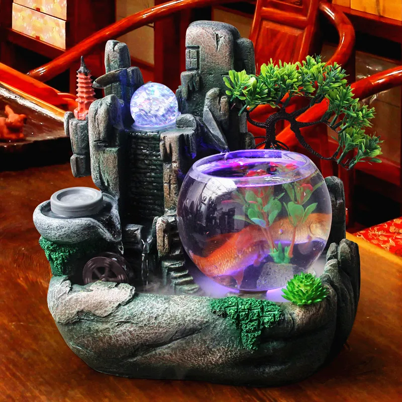 110V-220V Vintage Resin Water Fountain Small Fish Tank Office Desktop Decor Waterscape Bonsai Feng Shui Ornament Crafts | Дом и сад