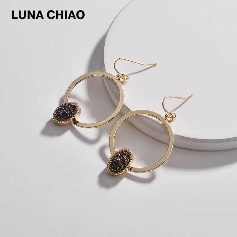 LUNA CHIAO Fashion Designer Circles Disc Drop Earrings with Metallic Resin Oval Druzy Jeweled | Украшения и аксессуары