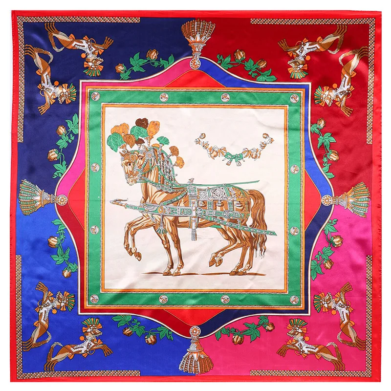 POBING Luxury Horse Print Hijab Women Satin Silk Scarf Shawl Foulard Femme Square Head Scarves Wraps 90*90CM |