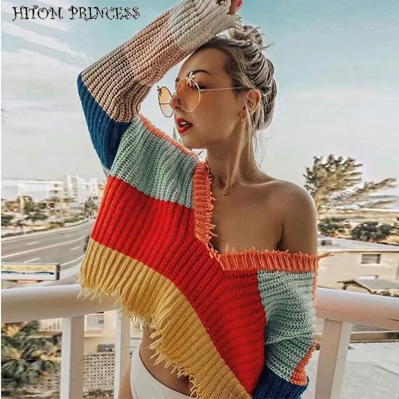 

HITOM PRINCESS Autumn Rainbow Striped Sweater Women Tops Deep V-neck Tassel Knitted Pullover Cropped Sweater Pull Femme Jumper