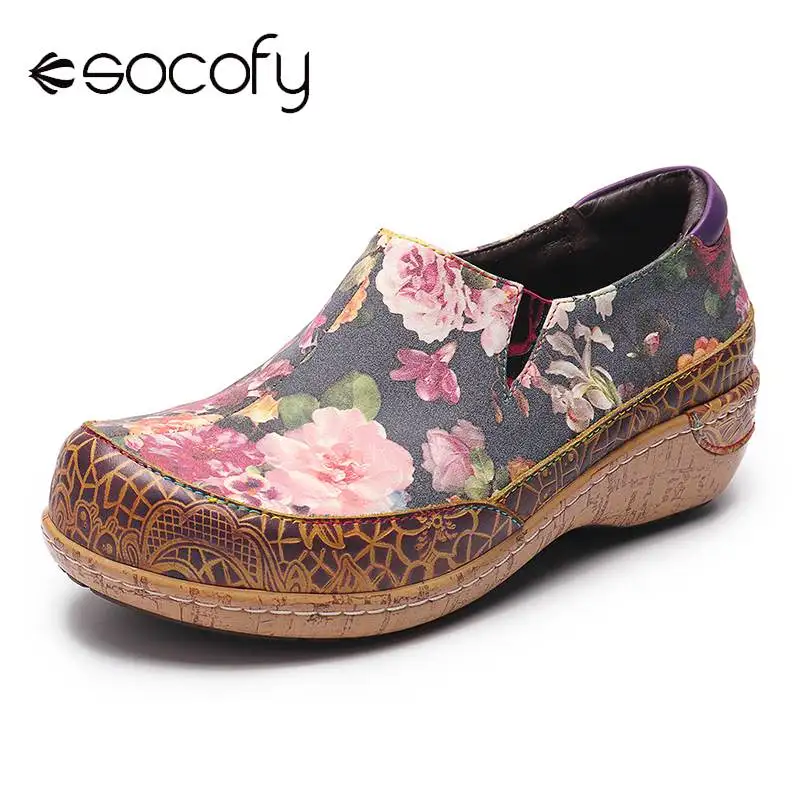 Женские кожаные туфли SOCOFY черные на плоской подошве с цветком в стиле ретро