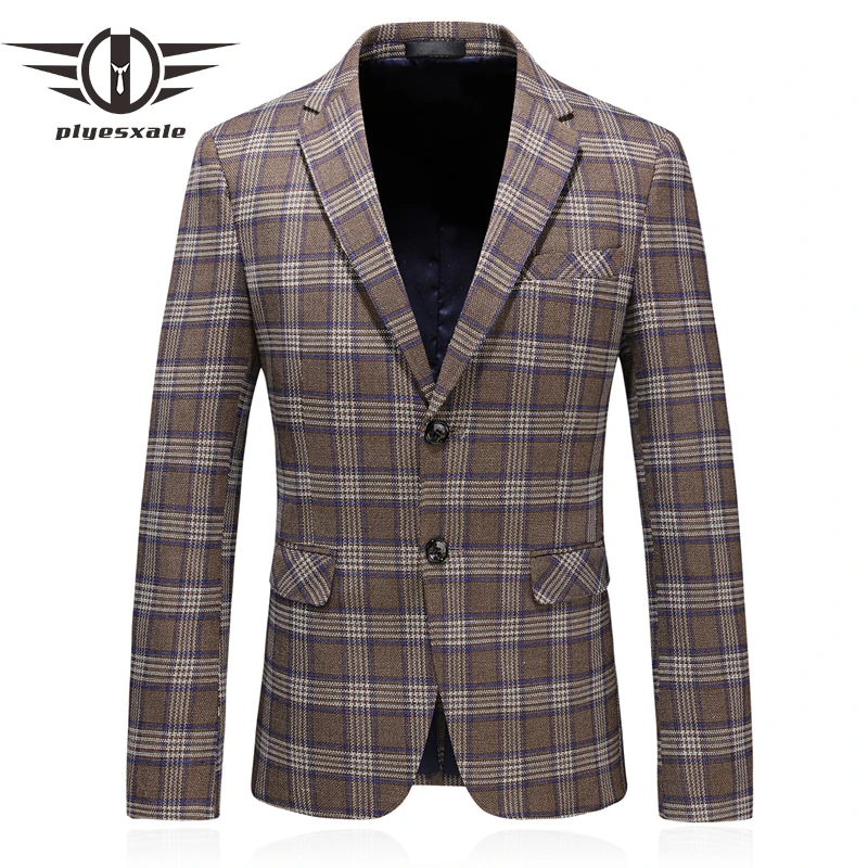 Plyesxale Slim Fit клетчатый блейзер мужской пиджак 2019 Демисезонный Повседневный
