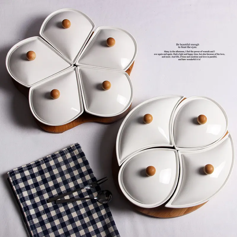 

Ceramic fruit tray desktop storage box nuts desserts plates with cover four small box combination party wedding kitchenware