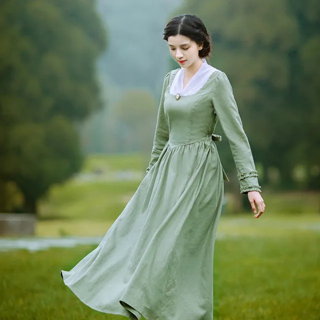 Vestido, весенне-осеннее женское винтажное платье с v-образным вырезом и длинным рукавом, элегантное тонкое льняное платье принцессы, светильник с кружевом, Зеленое Длинное Платье sukienki - Цвет: Light Green