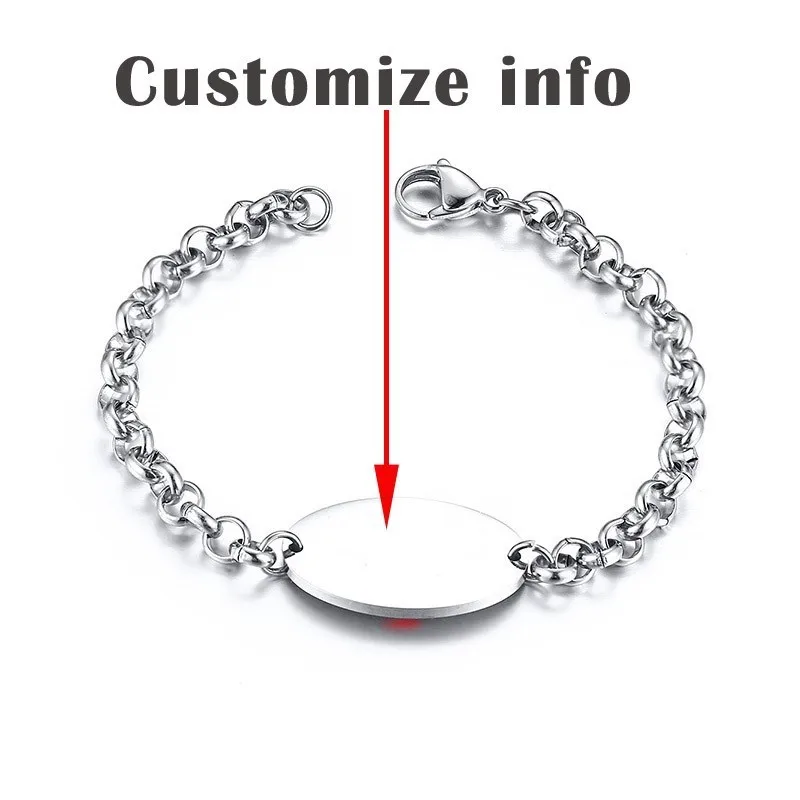 Custom Info Выгравированная на заказ нержавеющая сталь медицинский оповещение ID браслеты для женщин и мужчин аксессуар с кабельной цепью 21,5 см - Окраска металла: Custom Info