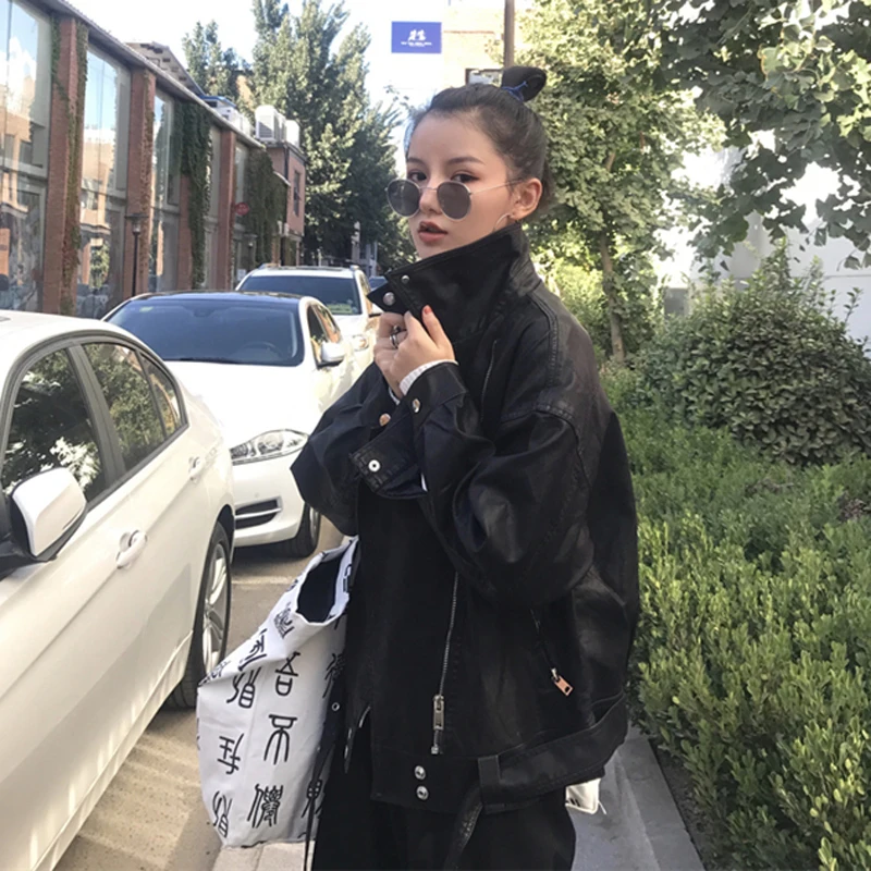 QoerliN Повседневное искусственной кожи Куртка Для женщин Harajuku осень-зима молнии