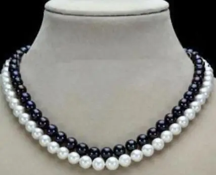 

free shipping 2 Row 7-8mm Black White Natural Pearl Necklace 17-18''