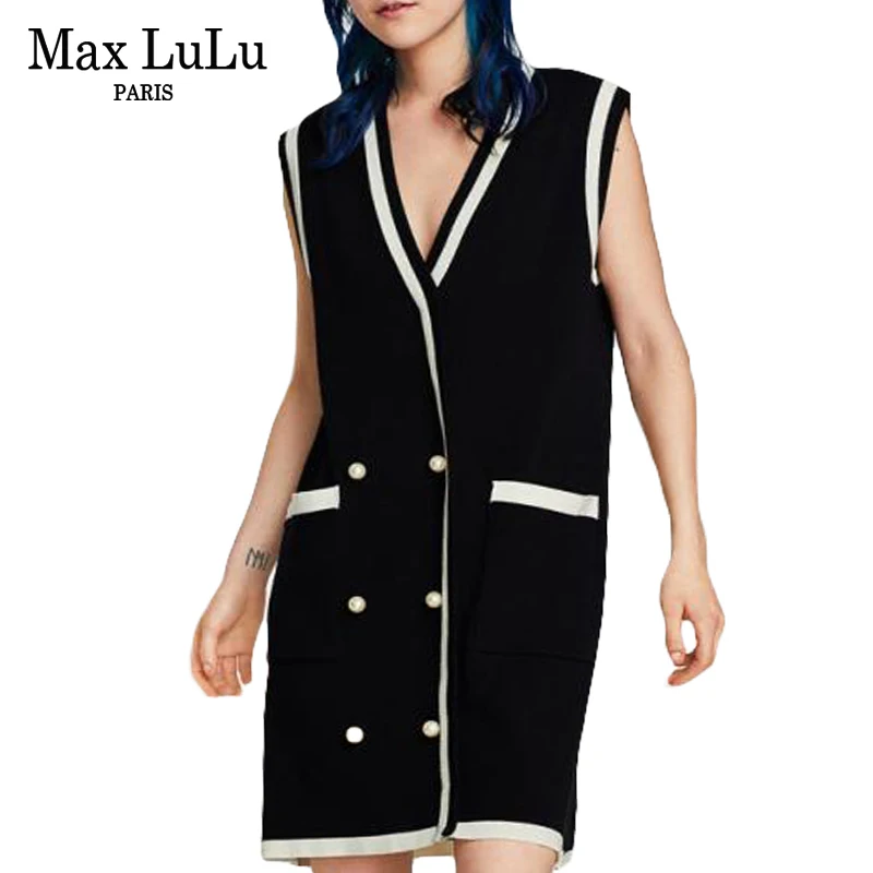 Max LuLu роскошный корейский модный сексуальный женский кардиган без рукавов, женские длинные свитера с жемчугом и v-образным вырезом, зимняя вязаная женская одежда