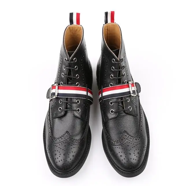 

Men Martin Boots Genuine Leather Stripe Riband Carved Brogues Soft Leather Flats Lace Up Ankle Boots Male High Top Casual Shoes