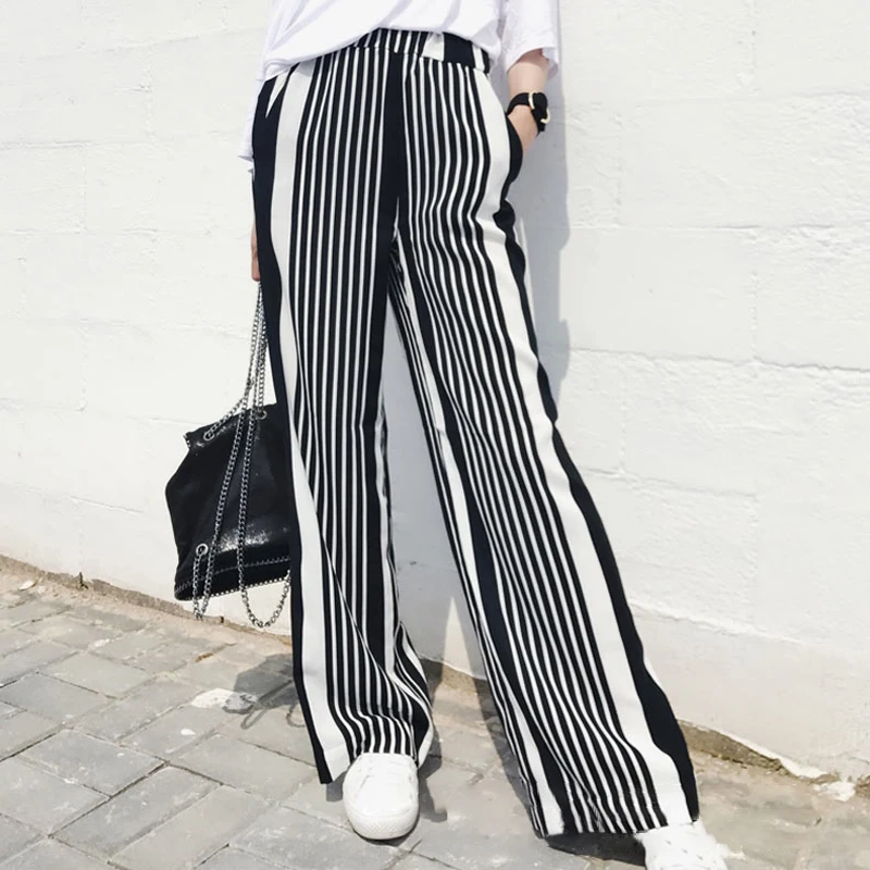 TWOTWINSTYLE, шифоновые женские брюки в полоску, пэчворк, эластичные, высокая талия, большие размеры, длинные, широкие брюки, весна, Модные Винтажные