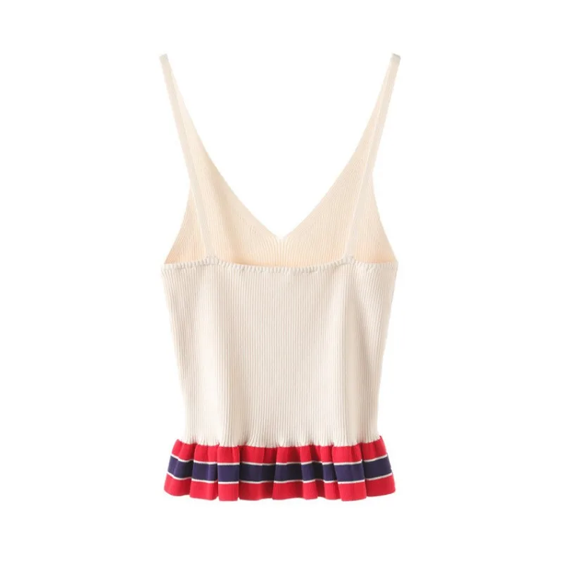 Summer Sexy V Neck Women Camis Tank Top Suspenders Sleeveless Backless Beach T-shirt Striped Colors Mixed Ruffles Streetwear Top
