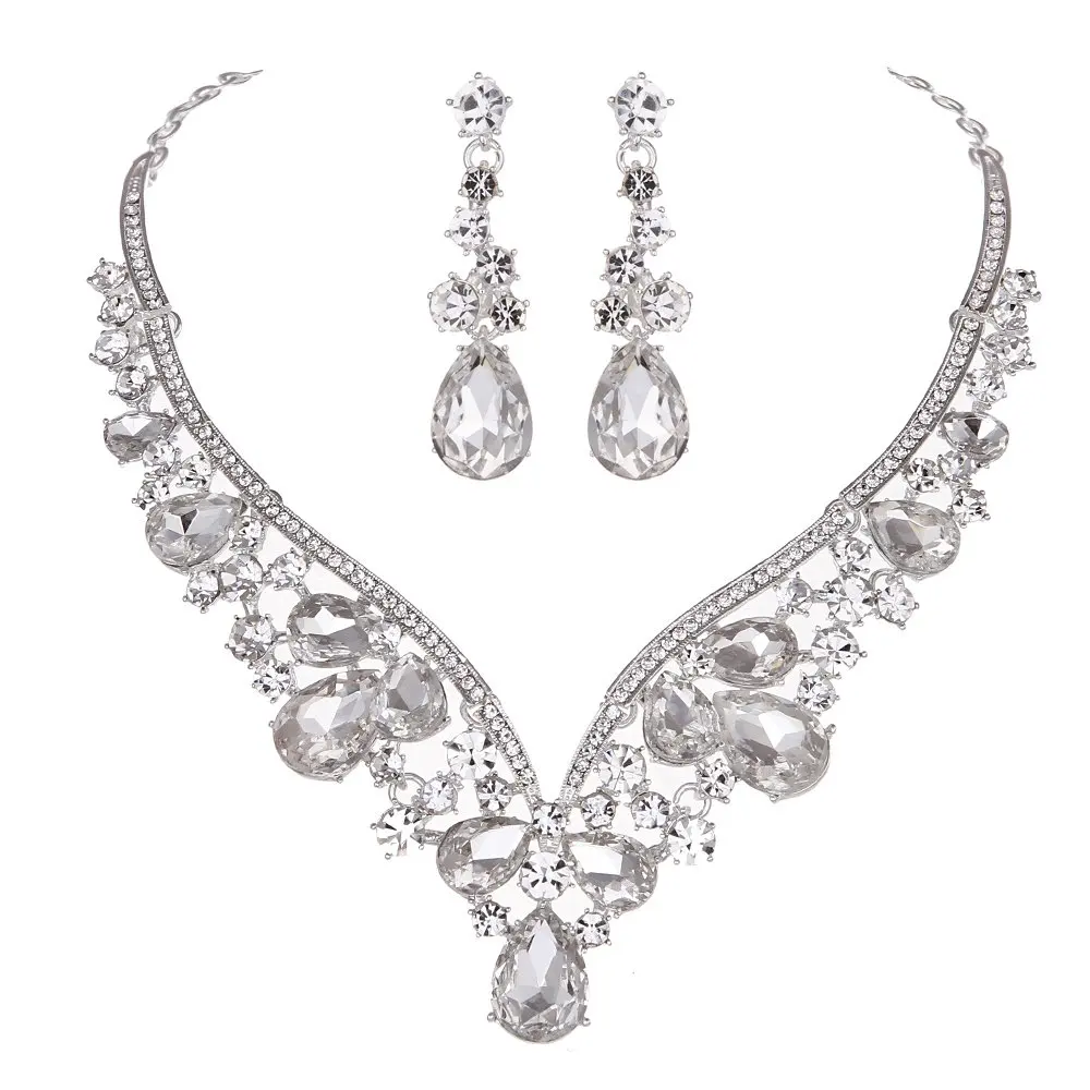 

elegant Rhinestone Crystal Bridal Wedding Necklace Earrings Nigerian African V-Shaped silver Jewelry Sets Crystal Necklace Sets